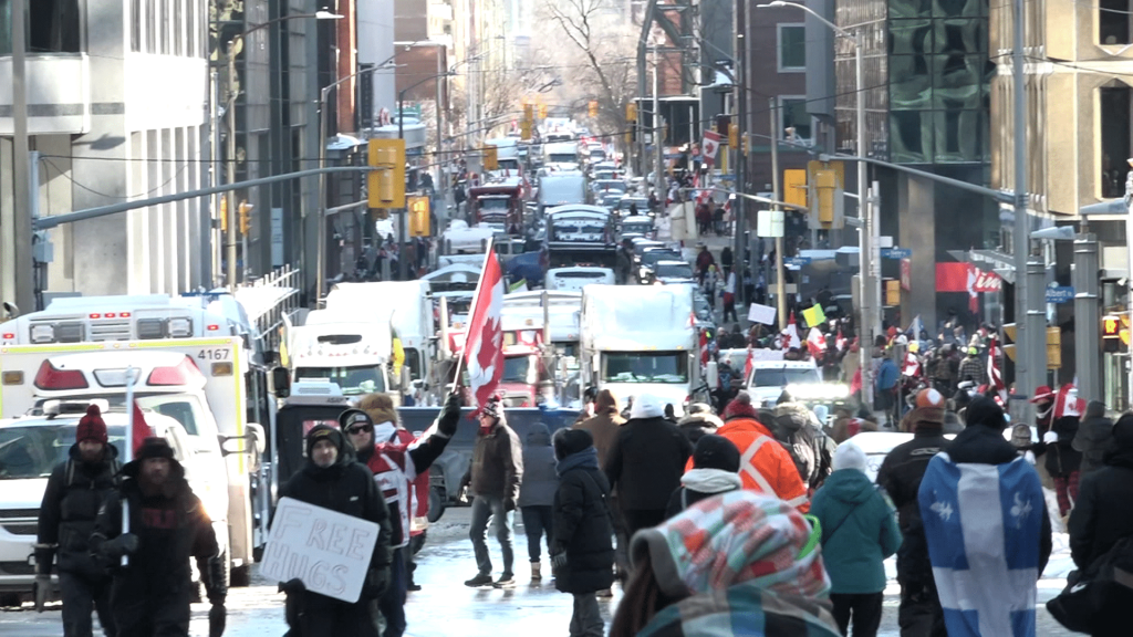 People protesting in the street in Ottawa