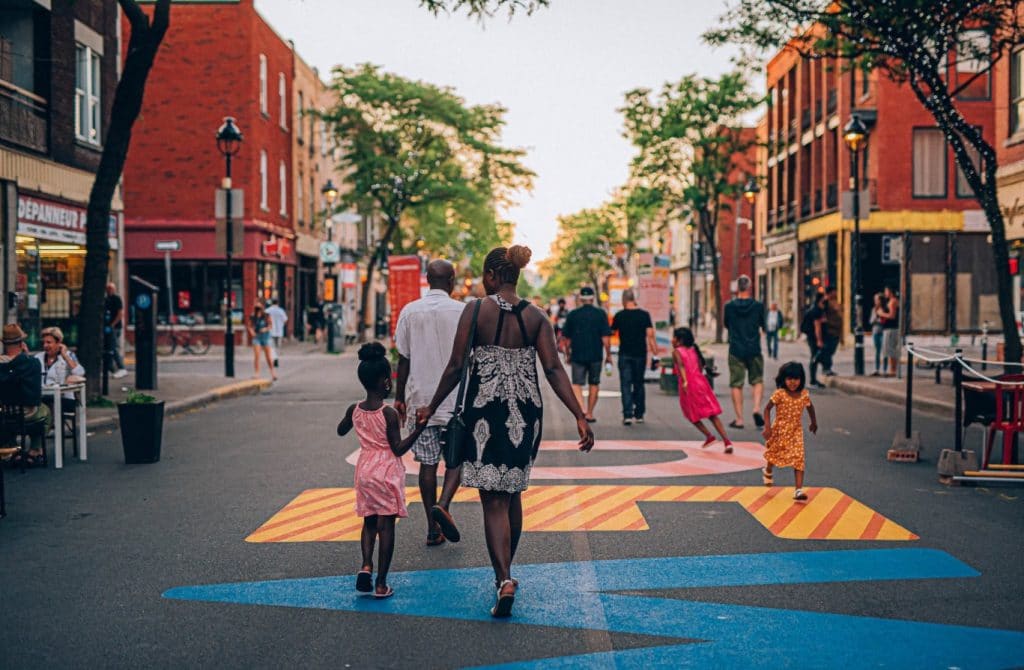 Montrealers walking on a pedestrian street