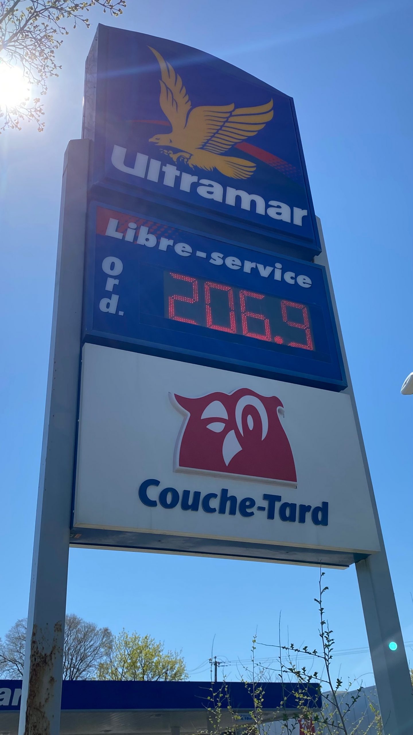 Gas prices showing 206.9 for a litre of regular at an Ultramar station in Montreal