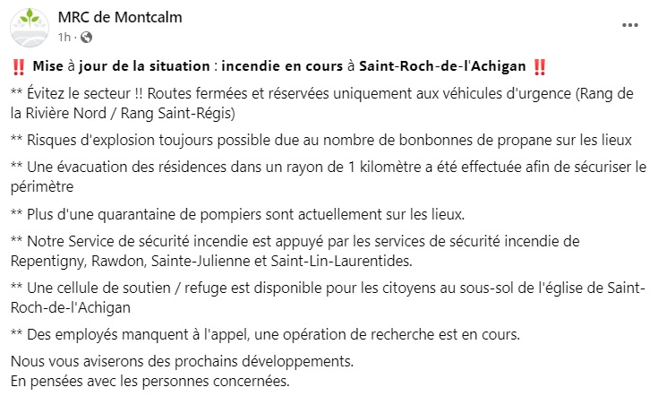 MRC de Montcalm Facebook post