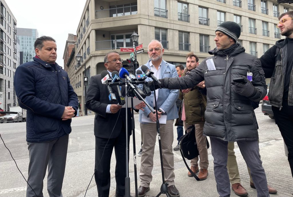 Leader of the Official Opposition at Montreal City Hall, Aref Salem (right), the Official Opposition’s critic for public security, Abdelhaq Sari (left), and the Mayor of the borough of Saint-Laurent, Alan DeSousa (centre), held a press scrum