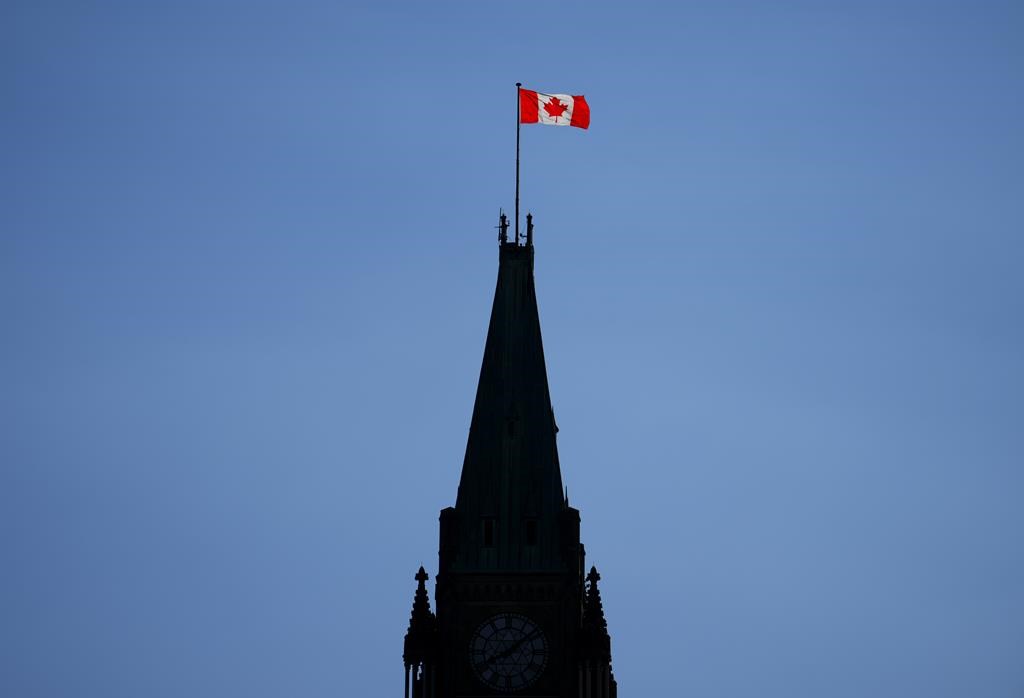 A canadian flag is seen on parliament hill