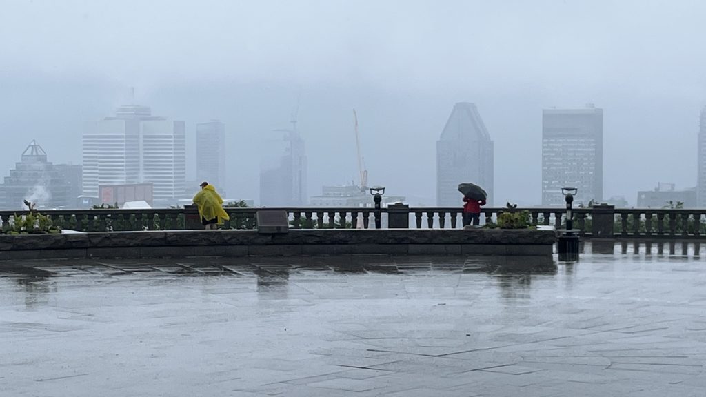 Montreal covered with smog from forest fires burning in the province on June 29, 2023. View from Mount Royal, amid the rain. (CREDIT: Martin Daigle, CityNews Image)