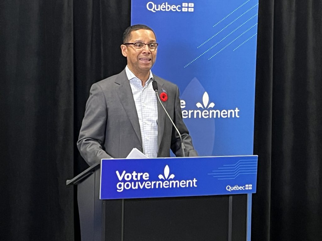 Lionel Carmant, Quebec Minister Responsible for Social Services, at a press conference in Montreal on funding for homeless shelter beds. Nov. 3, 2023. (CREDIT: Gareth Madoc-Jones, CityNews Image)