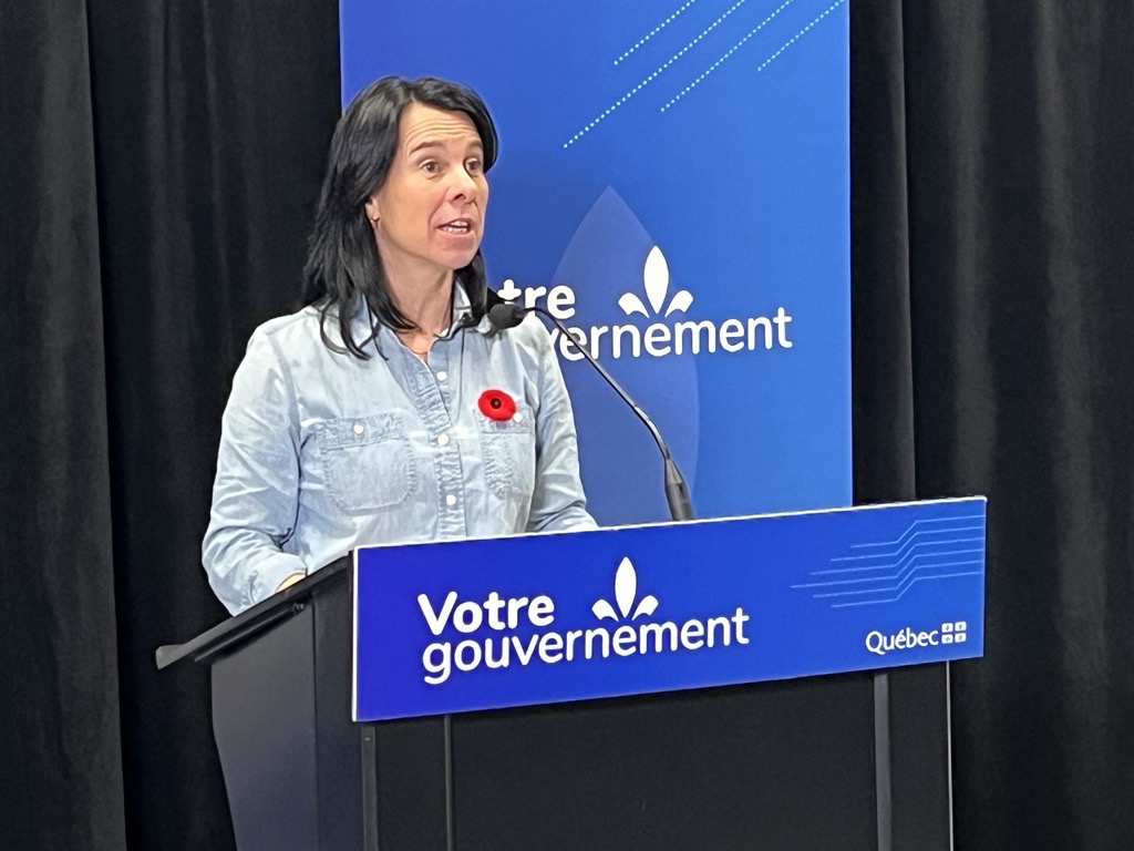 Valérie Plante, Mayor of Montreal, at a press conference in Montreal on funding for homeless shelter beds. Nov. 3, 2023. (CREDIT: Gareth Madoc-Jones, CityNews Image)