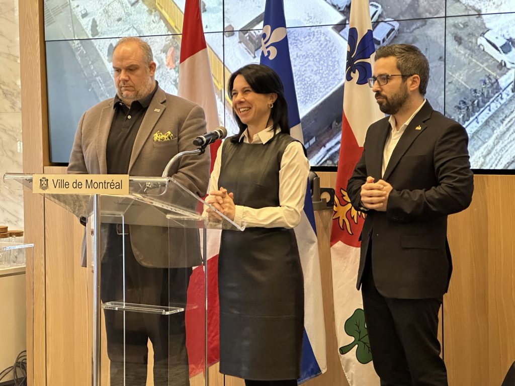 Benoit Dorais (left) Montreal mayor Valérie Plante (middle) Robert Beaudry (right) at press conference about future of l’Îlot Voyageur Sud. Jan. 12, 2024.
