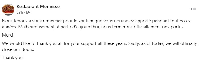 Momesso restaurant in NDG closes its doors