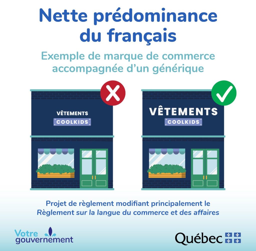 Ilustración del Gobierno de Quebec que muestra señalización comercial incorrecta y correcta.  (Crédito: Gobierno de Quebec)