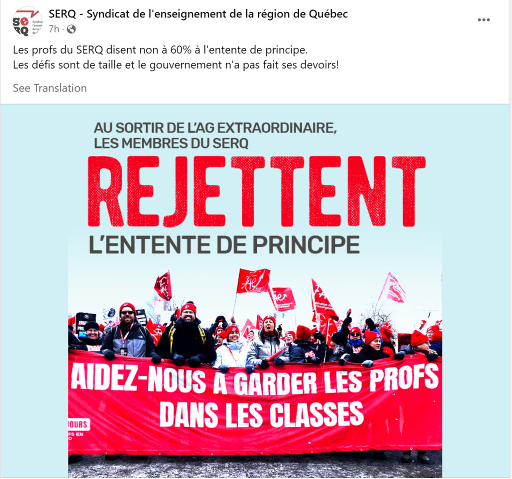 Se ve una publicación en Facebook donde el SERQ menciona votar en contra del acuerdo de principio con el gobierno de Quebec