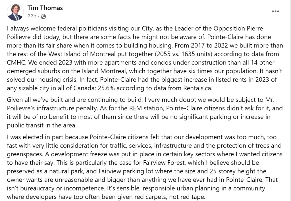 El alcalde de Pointe-Claire, Tim Thomas, responde al líder de la oposición, Pierre Poilievre, en Facebook 