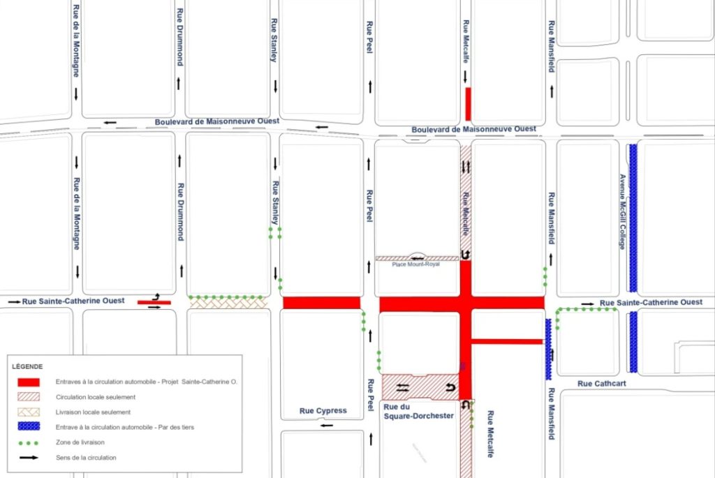 Sainte-Catherine street work map indicating which streets are closed