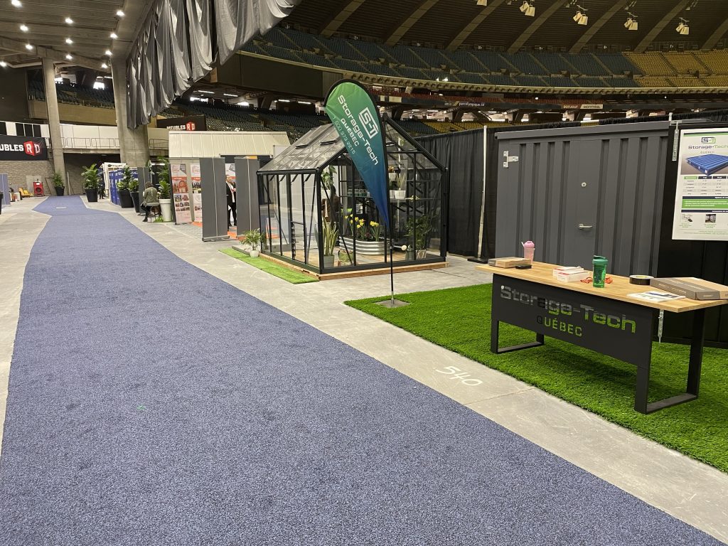 The Storage Tech booth is seen at the Montreal HomeExpo in the Olympic Stadium
