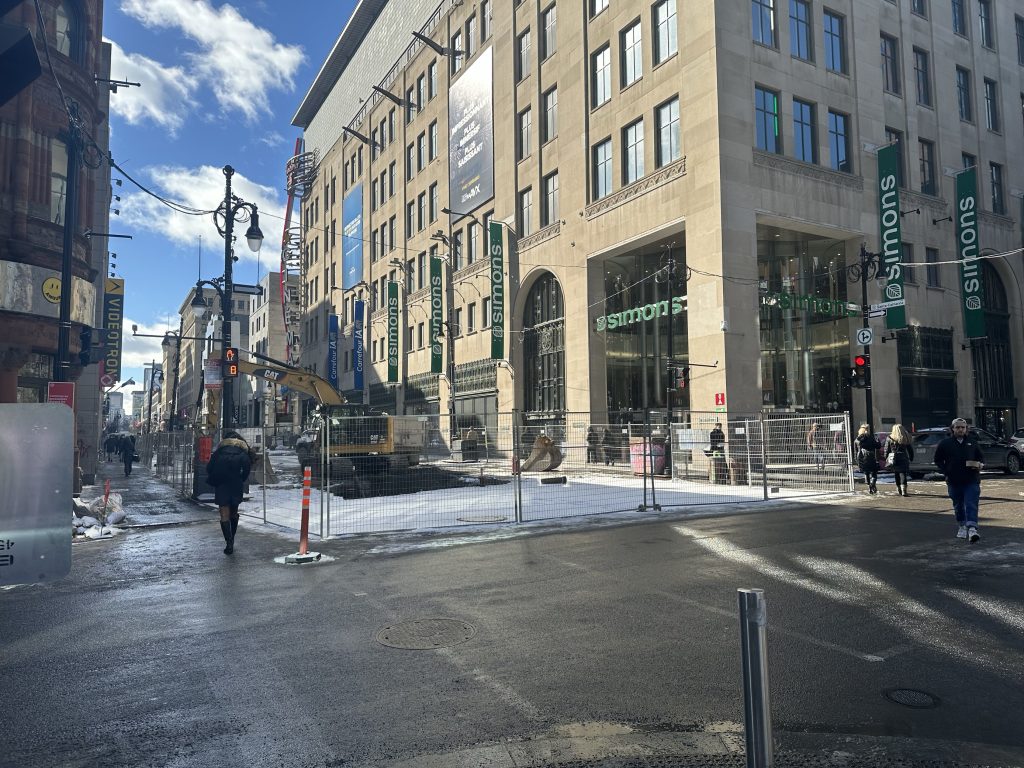 The intersection of Mansfield and Saint-Catherine Street is seen in Montreal