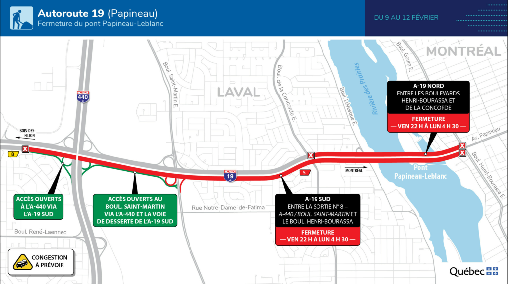Map of Papineau-Leblanc Bridge sector and complete closure of Highway 19