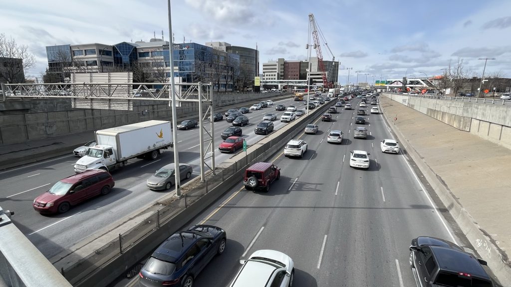 Cars are seen on Highway 15 Decarie