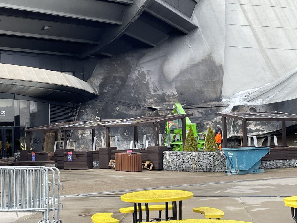 Olympic Stadium with fire damage
