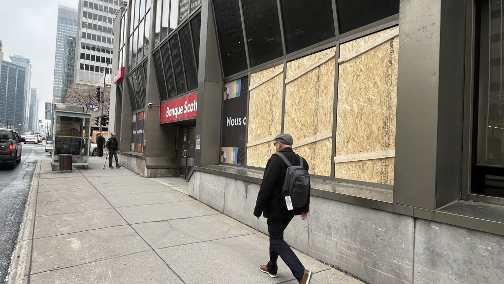 Windows broken at Scotiabank location in downtown Montreal after Anti-capitalist protest the night before. May 2, 2024. (Martin Daigle, CityNews)