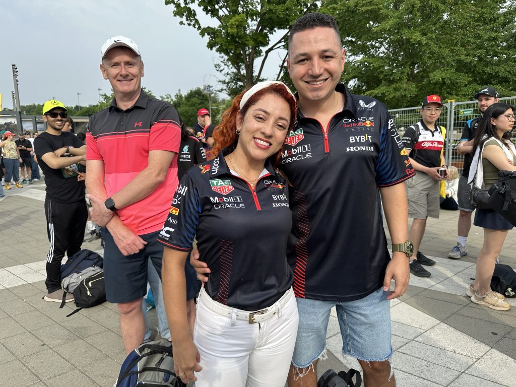 A couple poses for a photo