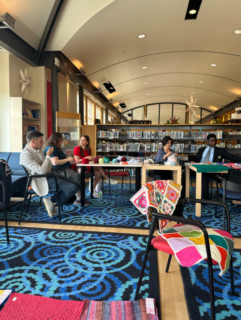 People are seen knitting at Selwyn House School in Montreal