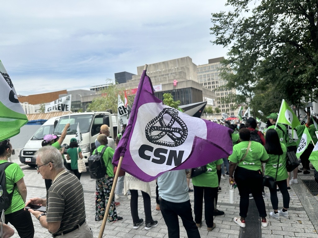 CSN hotel workers on strike in Montreal, holding a rally on Aug. 8, 2024.