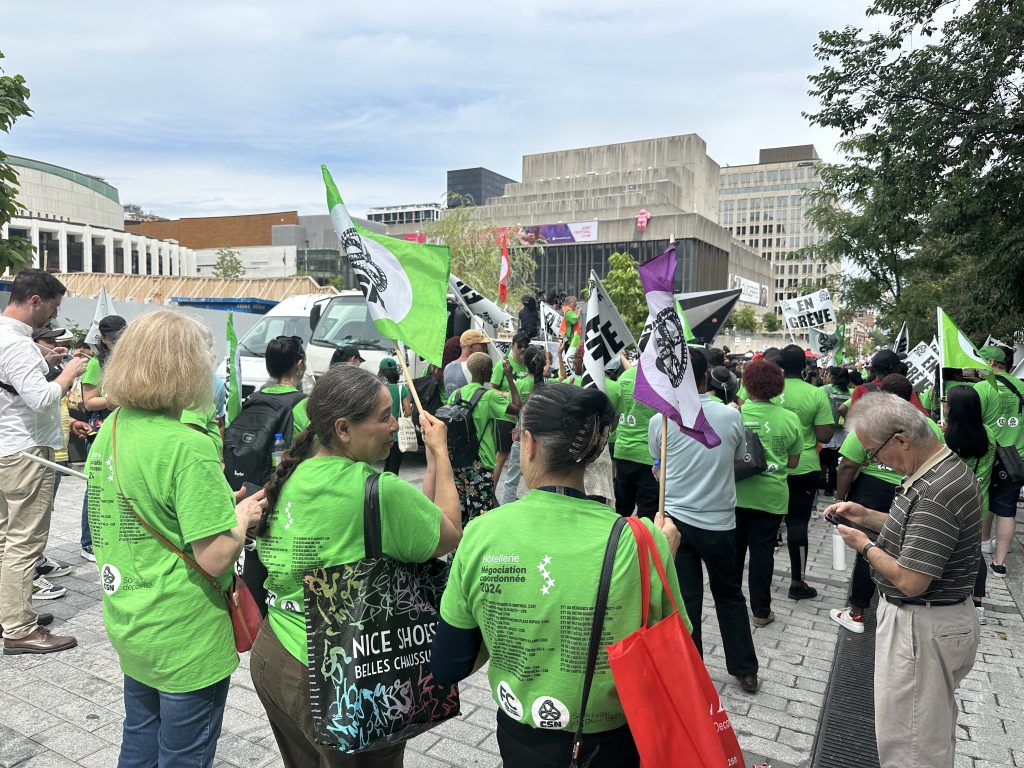 CSN hotel workers on strike in Montreal, holding a rally on Aug. 8, 2024.