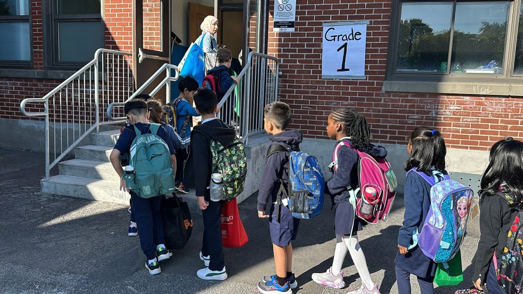 First day of school for students at Parkdale Elementary School in Saint-Laurent, part of the English Montreal School Board (EMSB).