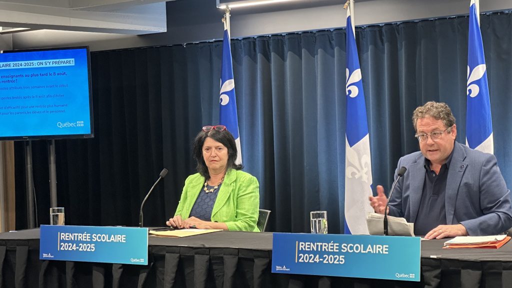 Quebec Education Minister Bernard Drainville at press conference in Montreal on Aug. 16, 2024 - talking back-to-school and teacher shortages.