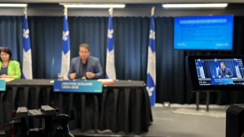 Quebec Education Minister Bernard Drainville at press conference in Montreal on Aug. 16, 2024 - talking back-to-school and teacher shortages.