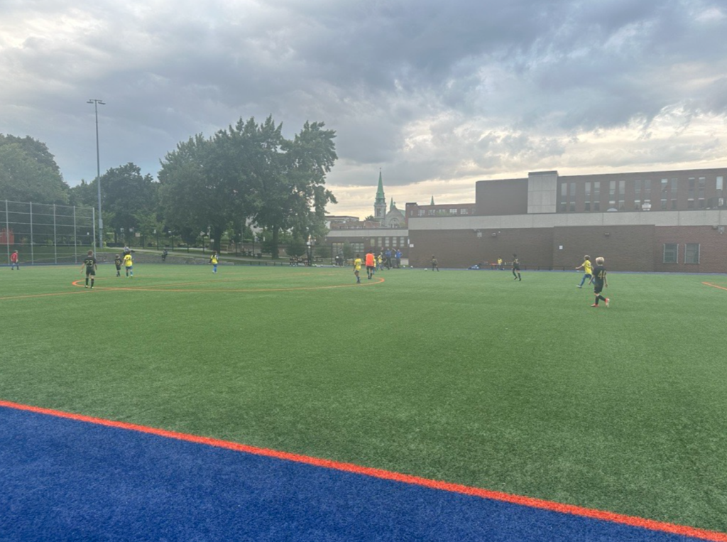 Two teams face off in a soccer game