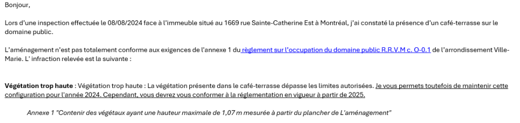 Email from Arrondissement de Ville-Marie. 

