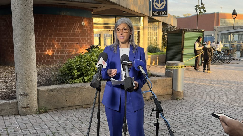 Marie-Claude Léonard, DG STM, at a press conference outside closed St-Michel metro station in Montreal. Oct. 4, 2024.