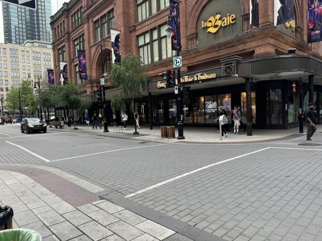 Empty street in front of The Bay