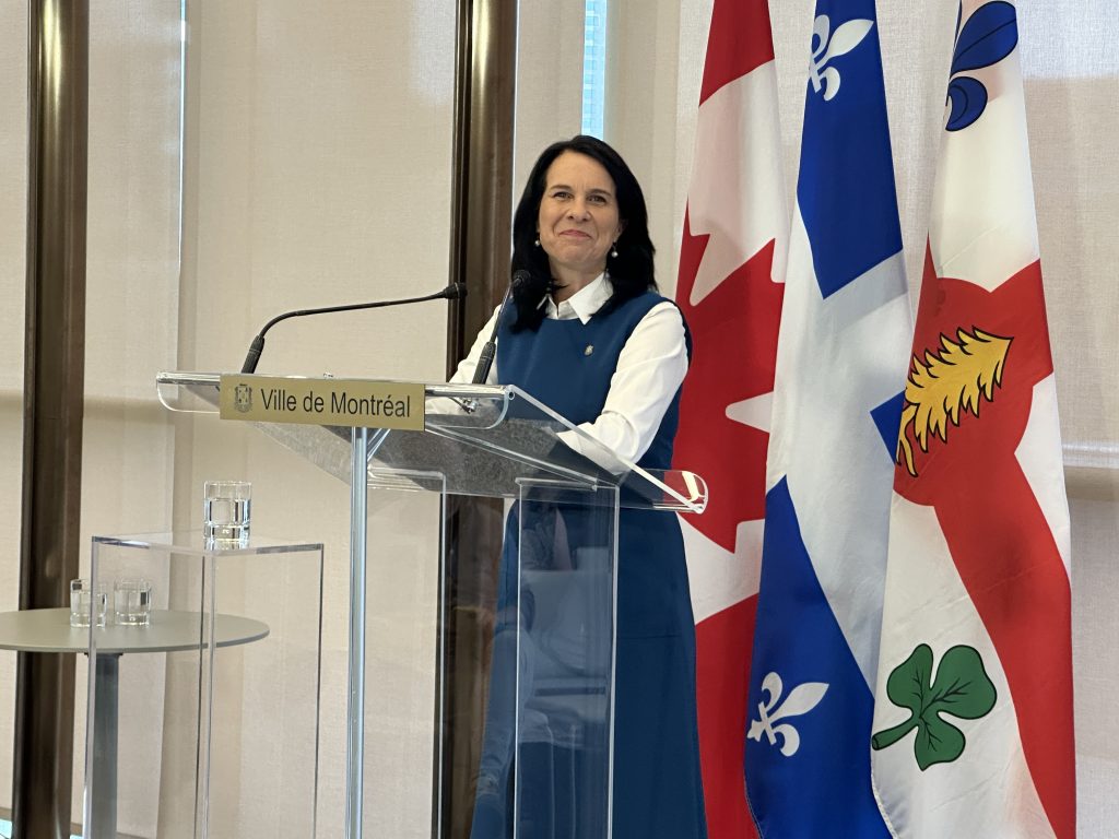 Valerie Plante at podium