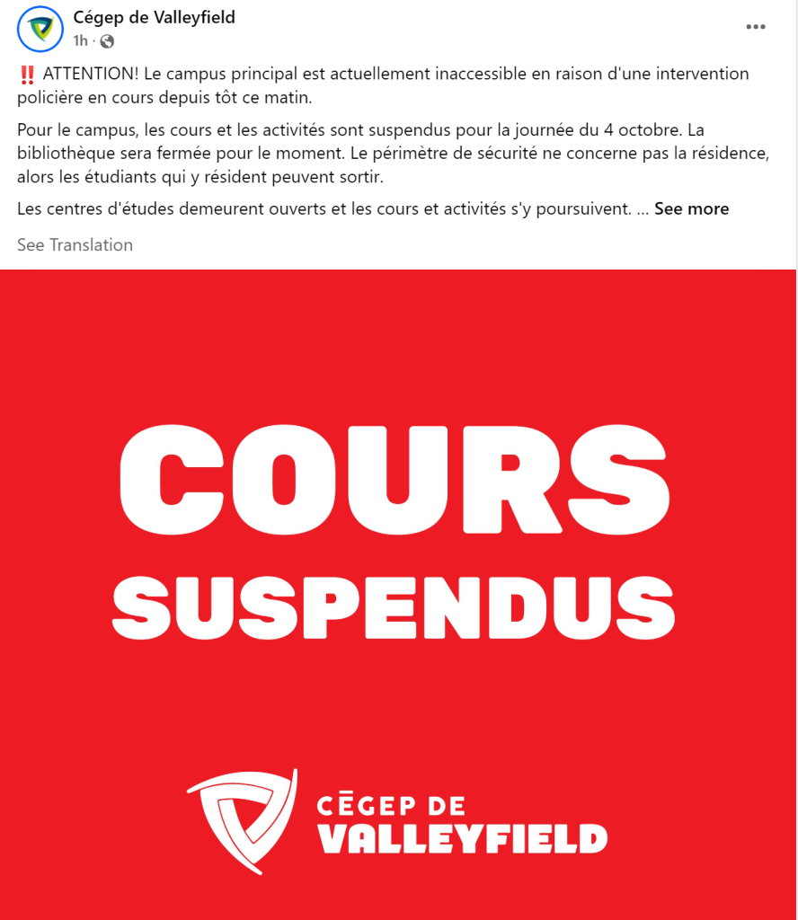 CEGEP de Valleyfield facebook post