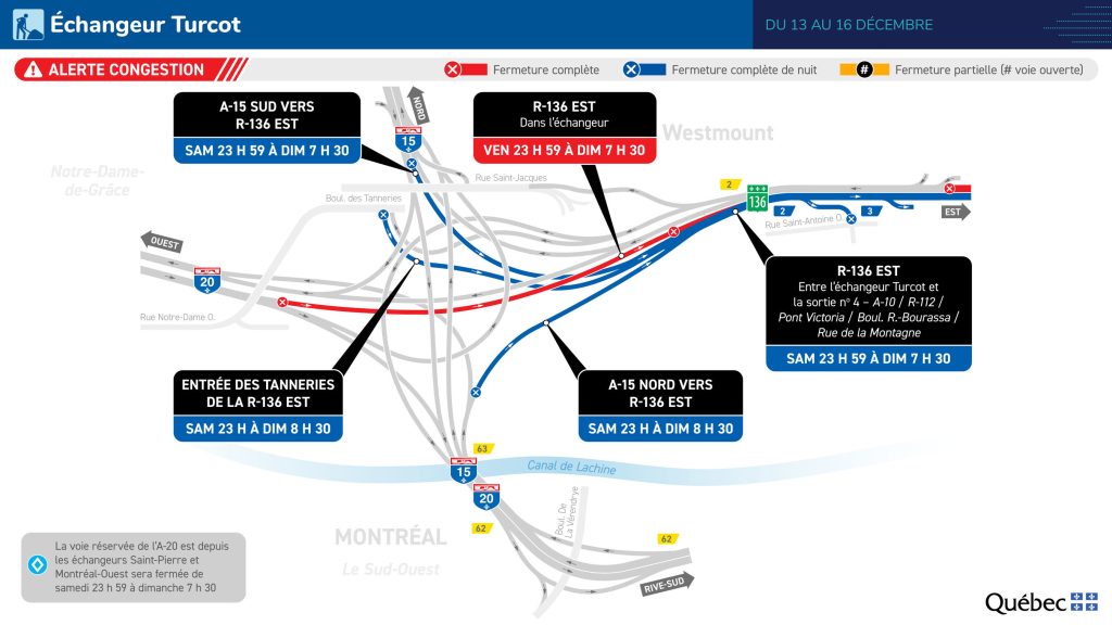 Complete closure of Route 136, between Turcot and downtown Montreal this weekend