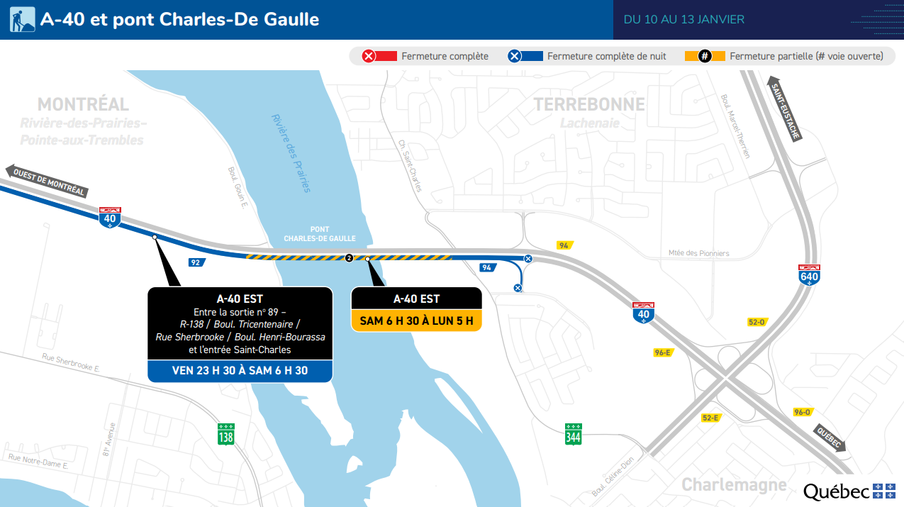 Weekend road closure on eastbound Highway 40 at CharlesDe Gaulle