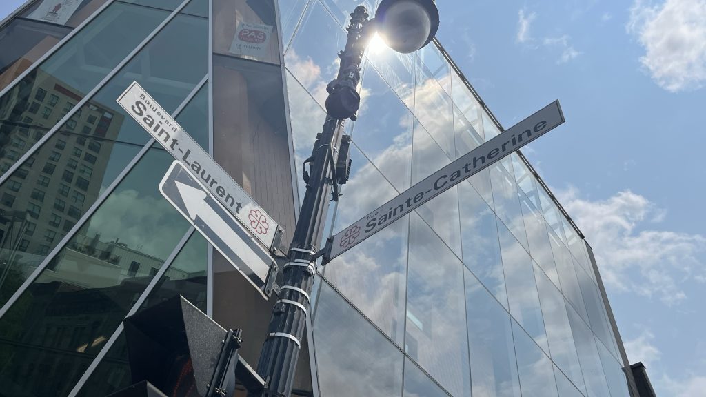 Corner of Saint-Laurent Blvd. and Sainte-Catherine street in downtown Montreal