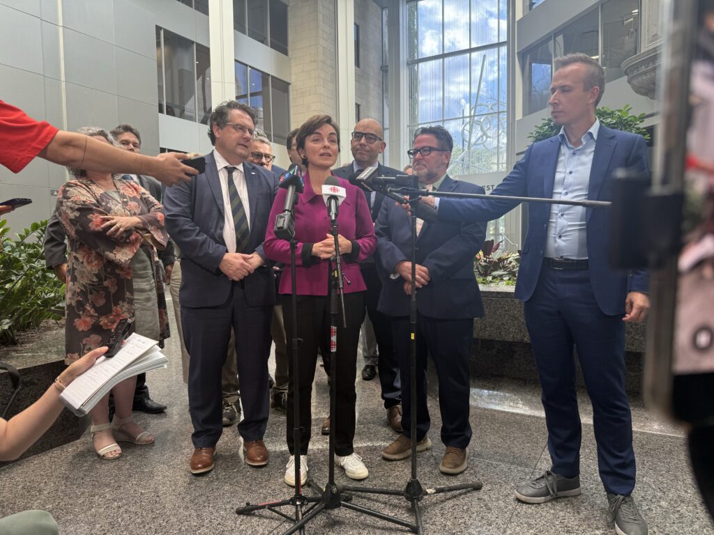 Quebec Premier Christine Fréchette, meeting with agricultural business leaders in Montreal on Aug. 14, 2026. (Zachary Cheung, CityNews)